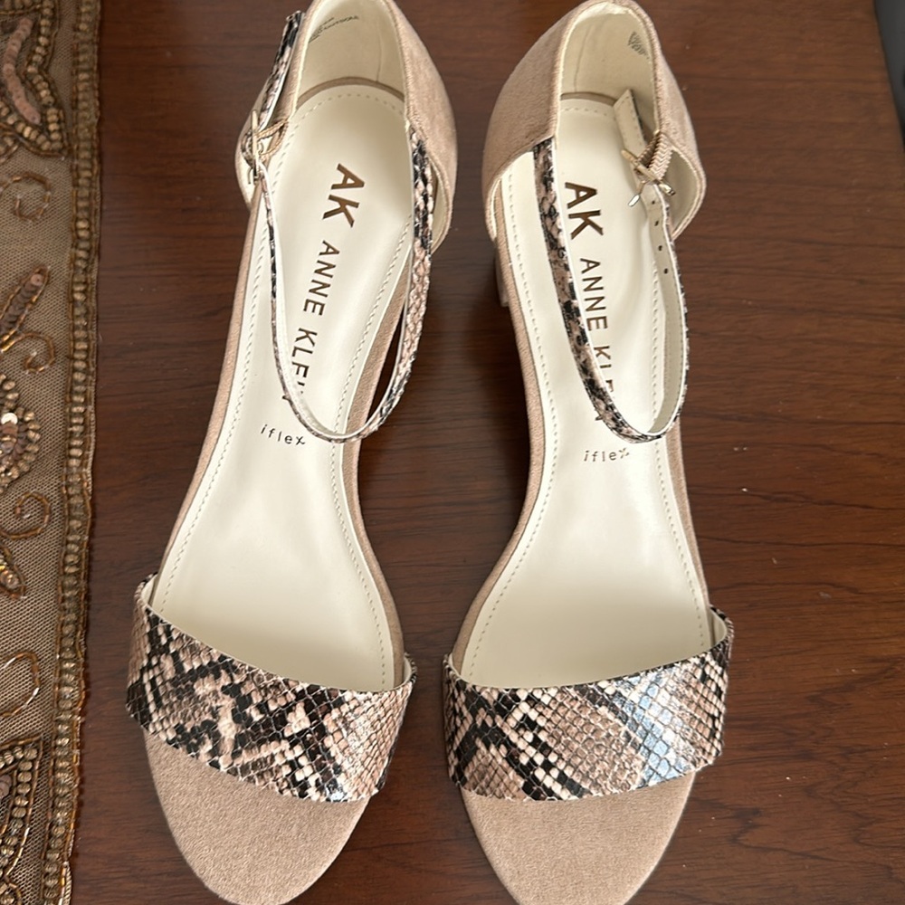 Anne klein sued sandals with snake print front . 2.5” heel